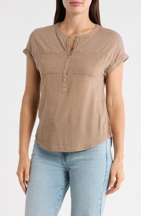 Lucky Brand Mixed Media Short Sleeve Cotton Henley Top in Pine Bark at Nordstrom Rack, Size X-Small