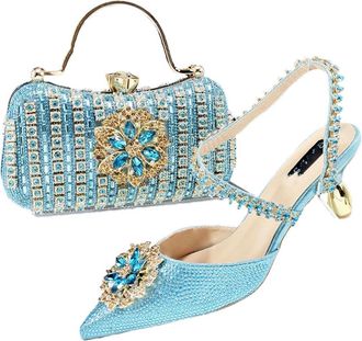 Generic Womens Shoes and Bag Set Sparkly Rhinestone Flower Evening Handbag Shiny Elegant Bridal Heeled Shoes