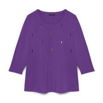 Fiorella Rubino Tops, Dames, Paars, S, Katoen, T-shirt van katoenen jersey met diamantpatroonbewerking