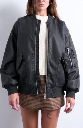 Topshop Oversize Faux Leather Bomber Jacket in Black at Nordstrom Rack, Size Large