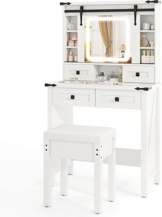 Costway Makeup Vanity Desk Dressing Table & Stool Set w/Mirror and Lights-White