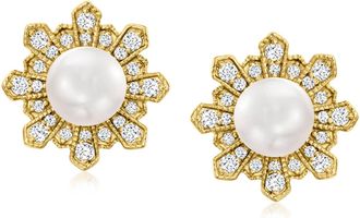 Ross-Simons 5.5-6mm Cultured Pearl and. Diamond Earrings in 18kt Gold Over Sterling