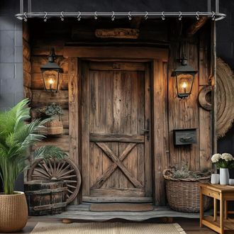 OEM Cortina De Ducha Con Estampado De Puerta De Granero R&uacute;stica, 72x72 Pulgadas, Estilo Granja Con Vetas De Madera Marr&oacute;n, Material Poli&eacute;ster, Impermeable