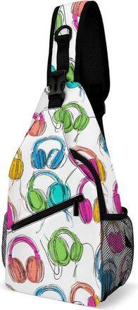 Generic Colorful Headphone Pattern Mens Shoulder Bags Sling Crossbody Backpack Travel Hiking Chest Bag with Small Side 38x20cm