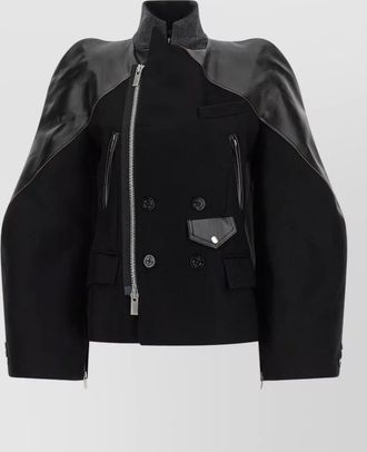 sacai leather panelled double breasted wool jacket
