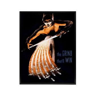 Artery8 WWII USA Wartime Poster Grind That Will Win Framed Canvas Wall Art Print | Size: W24 x H32