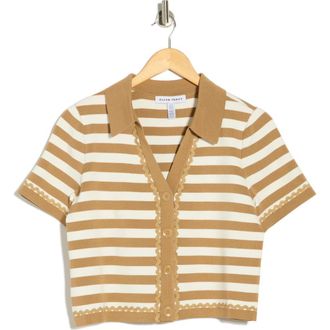 Ellen Tracy Stripe Lace Trim Short Sleeve Cardigan in Camel/Marshmallow Stripe at Nordstrom Rack, Size X-Large