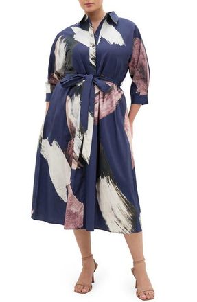 City Chic Angel Brushstroke Belted Cotton Shirtdress in Navy Modern Muse at Nordstrom, Size Xxxs