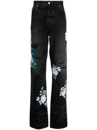 Amiri Jeans dritti a fiori - Nero