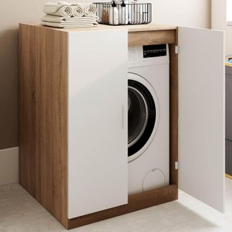 IDMarket Armario Para Lavadora Con Puertas Wallis En Blanco Y Madera Efecto Haya