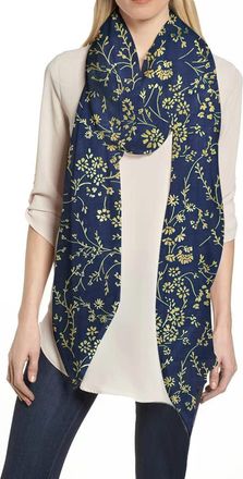 Lina & Lily Gold Glitter Floral Pattern Foil Scarf Shawl Hijab Lightweight (Navy Blue)