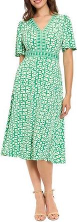 London Times Flutter Sleeve A-Line Midi Dress in Green Lake/Ivory at Nordstrom Rack, Size X-Large