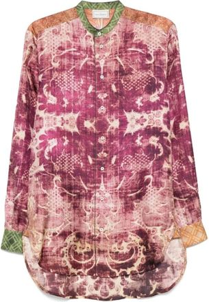 Pierre-Louis Mascia Overhemden, Dames, Paars, M, Paarse Damastprint Mandarin Kraag Shirt