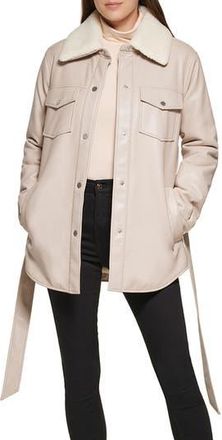 Kenneth Cole Faux Leather Tie Belt Shacket with Removable Faux Shearling Collar in Bone at Nordstrom Rack, Size X-Small
