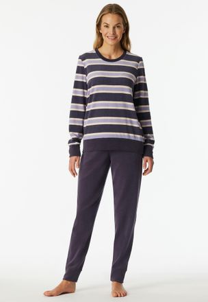 Schiesser Schlafanzug SCHIESSER Casual Essentials, Damen, Gr. 46, indigo, Frottee, Obermaterial: 80% Baumwolle, 20% Polyester, bequem lang, Rundhals, Homewear-S