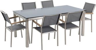 Beliani Conjunto De Comedor De Jard&iacute;n Gris Con Mesa 180 X 90 Cm De Vidrio Negro 6 Sillas Grosseto