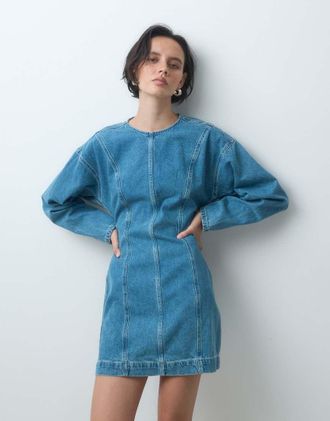 Asos abito mini in denim con cuciture e maniche lunghe in blu medio vintage
