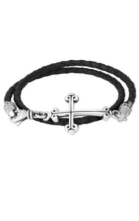 King Baby Studio Thin Braided Leather Traditional Cross Double Wrapped Bracelet in Silver at Nordstrom, Size Medium
