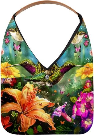 Generic Color Hummingbird Flower Painting Reusable Lightweight Grocery Bags - Foldable Into Compact Pouch, Washable & Sturdy, Multipurpose for Shopping and Tr