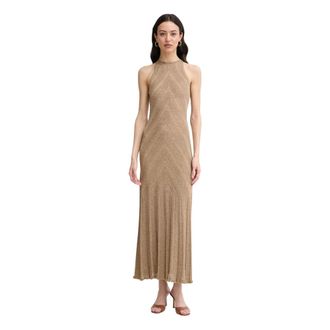 Twinset Linnen Gebreide Maxi Jurk met Lurex - Dames - Avondkleed - Geel - XS - Linnen - Kleedjes