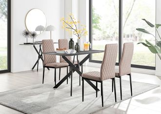 Furniturebox Leonardo Grey Glass Marble Effect Black Leg Table & 4 Milan Black Leg Chairs in Beige