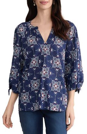 Jones New York Printed Tie Cuff Raglan Sleeve Cotton Top in Pacific Navy Multi at Nordstrom, Size X-Small