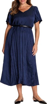 Nic+Zoe Bella Belted Crushed Satin Midi Dress in Dark Indigo at Nordstrom, Size 2X