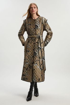 Karen Millen Womens Printed Jacquard Padded Collarless Full Midi Coat - Gold - Size 12 UK