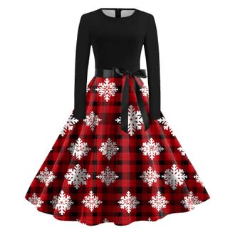 Generic Women 1950s Vintage Christmas Dress Christmas Print Long Sleeve O Neck Evening Party Prom Party Beach Evening Swing Print Dress Sexy Sleeveless A line