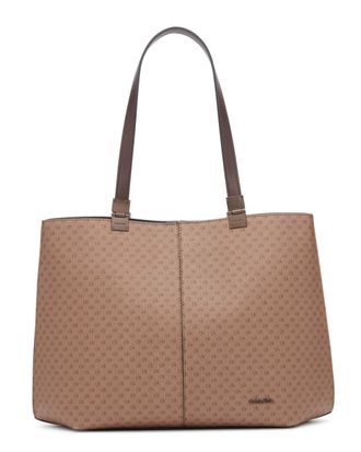 Calvin Klein Womens Granite Geometric Tote Bag - Vegan Leather, Monogram, 3 Pockets, Khaki/Brown/Java, One Size