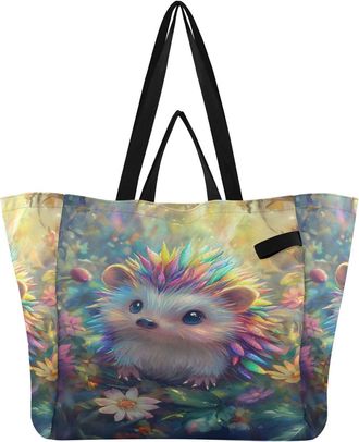 Generic Hedgehog Flowers Colorful pattern Reusable Canvas Tote Bag, Heavy Duty Grocery Shopping Bag with Hard Bottom Double Handles Large Capacity Work Grocer