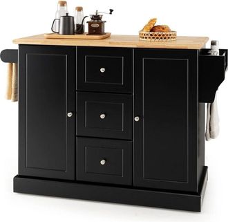 Costway Costway Carro Isla De Cocina Con Toallero, Isla De Cocina Sobre Ruedas Con Encimera De Madera De Caucho, 3 Cajones, 2 Armarios Cerrados Con Estantes A