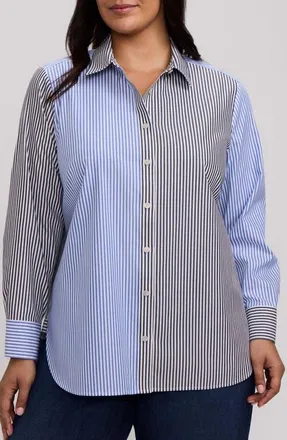 Foxcroft Meghan Colorblock Stripe Cotton Button-Up Shirt in Blue/multi at Nordstrom, Size 3X