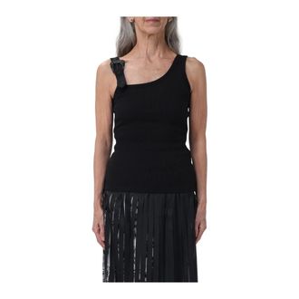Versace Jeans Couture Sleeveless Tops, female, Black, Size: L Black Ribbed Tank Top with Buckle