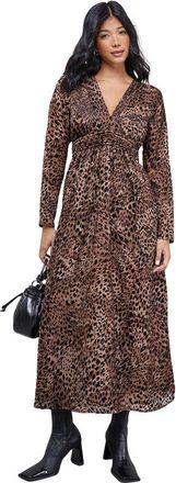 Warehouse Plunge Neck Waisted Midi Dress in Animal at Nordstrom, Size 12P
