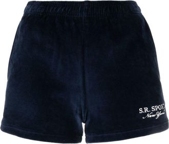 Sporty & Rich embroidered-logo velour shorts - women - Cotton - L - Blue