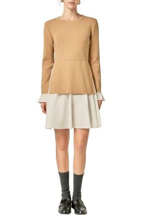English Factory Combo Knit & Poplin Dress in Tan/White at Nordstrom, Size X-Small