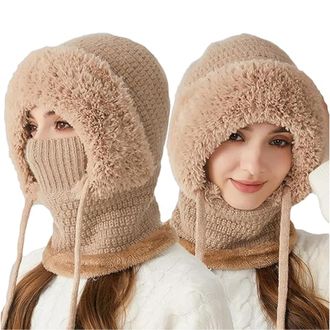 Generic 3 in 1 Storm Hood, Hat and Scarf set for Women, Windproof Warm hoodie hat with Face Mask, Knitted Plush for Outdoor (Khaki)