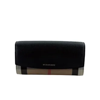 Burberry Black Leather Canvas Long Wallet (Bi-Fold) (Pre-Owned)