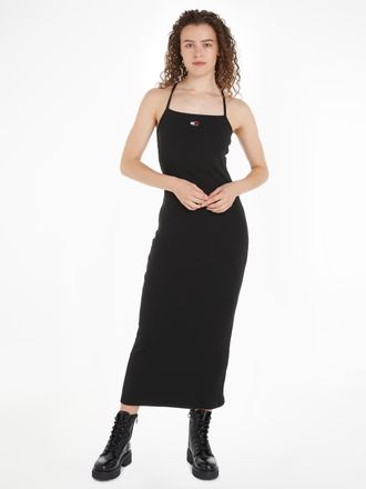 Tommy Jeans Jerseykleid TOMMY JEANS TJW STRAPPY BADGE RIB DRESS, Damen, Gr. L (40), N-Gr, schwarz, Rippware, Obermaterial: 95% Baumwolle, 5% Elasthan, unifarben, 