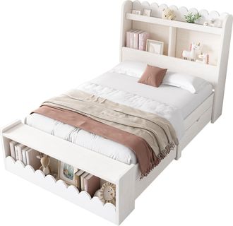 STILVORA Cama Combinada 90 X 200 Cm De Madera Maciza Y Mdf, Cama Individual Con 2 Cajones Y Estantes, Sin Colch&oacute;n, Blanco Y Roble