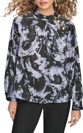 DKNY Floral Shoulder Button Long Sleeve Top in Black Temp at Nordstrom, Size X-Large