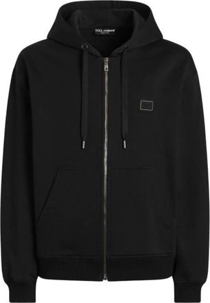 Dolce & Gabbana Hoodies & sweatvesten, Heren, Zwart, L, Katoen, Logo Plaque Zip-Up Hoodie