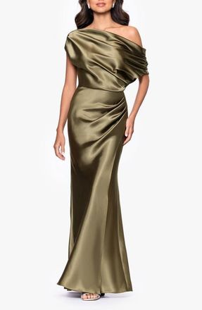 Betsy & Adam One-Shoulder Satin Sheath Gown in Olive at Nordstrom, Size 4