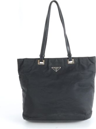 Prada Black Leather Nylon Handbag Tote Bag (Pre-Owned)