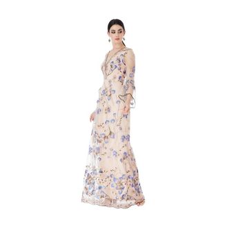 Goddiva Embroidered Tulle Maxi Dress with Flared Sleeves 12 Nude