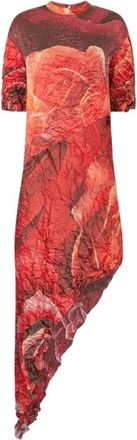 Roberto Cavalli Abito asimmetrico stropicciato con stampa rose - - Dresses - Donna - Rosso - S