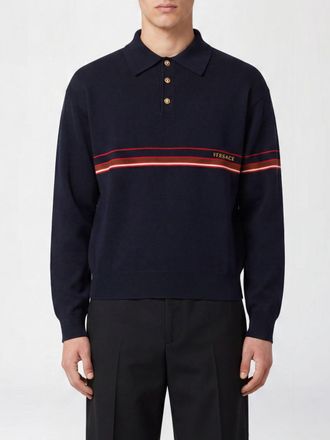 Versace Polo in maglia di cotone a maniche lunghe con logo a contrasto