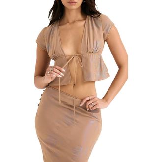 House of CB Maia Tie Front Sheer Georgette Crop Top in Shimmer Cafe at Nordstrom, Size X-Small
