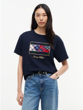 Tommy Hilfiger Womens Mixed-Plaid Flag Logo Interlock T-Shirt - Navy Blue - XXL